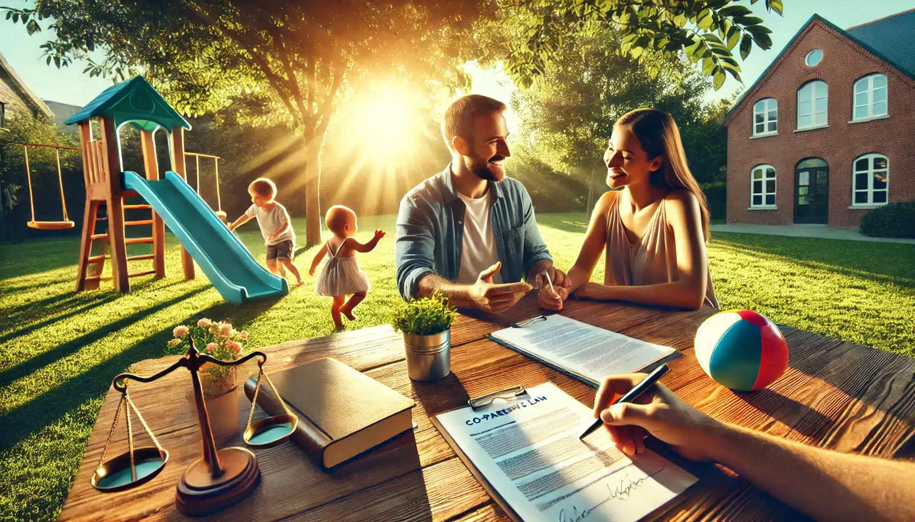 Family discussing custody agreements outdoors, with children playing in the background, legal documents on the table, and a balance scale symbolizing parental rights and decision-making in Texas custody law.
