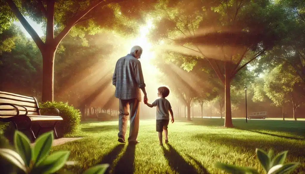 A wide-angle, photo-realistic, cinematic image capturing a tender moment between a grandparent and a grandchild on a sunny summer day. The scene shows the grandparent gently holding the hand of their grandchild as they walk through a vibrant, green park. Sunlight filters through the trees, casting a soft, golden glow over the scene. The moment is peaceful and full of warmth, symbolizing the strength of their relationship. The atmosphere is calm, evoking feelings of love and connection.