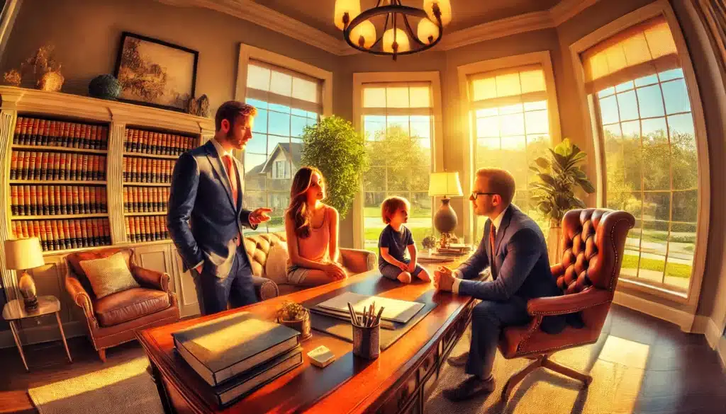A wide-angle, photo-realistic cinematic image with summer vibes showing a family lawyer in Bellaire, Texas, seated in a warm and inviting office during a consultation with a family. The lawyer, dressed professionally, is speaking empathetically to a couple and their young child, who sit across a polished wooden desk. Legal documents and a notepad are neatly arranged on the desk. Large windows let in golden summer sunlight, illuminating the scene with a soft, welcoming glow. The background features tasteful office décor, shelves with books, and a potted plant adding a touch of greenery. The image is captured in the style of a wide-angle lens photograph, with vibrant, realistic details, and no visible cameras or camera equipment.
