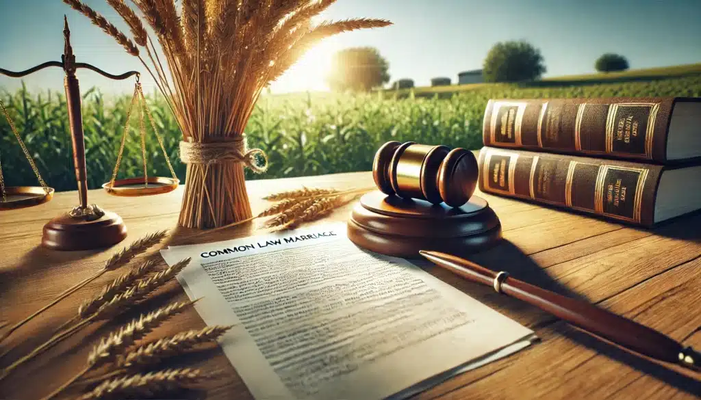 A wide-angle, photo-realistic, cinematic image of a gavel and legal documents placed on a wooden table, symbolizing the legal implications of common law marriage. The scene is bathed in warm summer sunlight, with soft light highlighting the gavel and papers. The background features greenery and a clear sky, evoking a peaceful, summer vibe, while the documents include references to legal rights and marriage contracts, showcasing the serious but serene nature of legal proceedings.