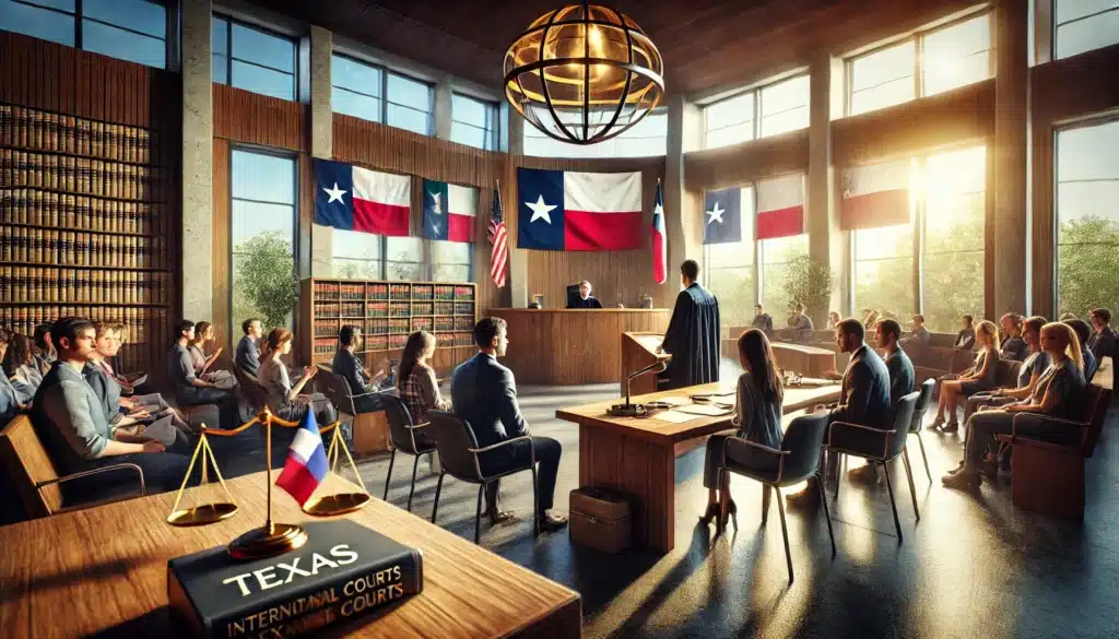 A wide-angle, photo-realistic, cinematic image depicting Texas courts involved in international custody cases. The scene shows a modern Texas courtroom with a judge presiding over a case, a lawyer presenting international custody documents, and parents seated on opposite sides of the courtroom. The desk prominently features a globe and legal books related to international law. Sunlight pours in through large windows, casting a warm summer glow, while a Texas state flag and international flags appear subtly in the background, symbolizing the cross-border nature of the case. The atmosphere is professional and emotionally charged.