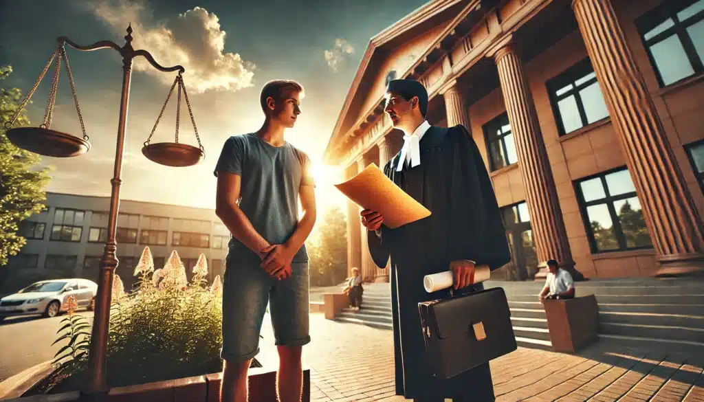 A wide-angle, photo-realistic, cinematic image with warm summer vibes, capturing the essence of how a family lawyer can help in child custody battles and legal representation. The scene shows a family lawyer standing beside a parent outside a courthouse or legal office, with legal documents in hand, as they discuss strategy. The parent looks relieved, while the lawyer provides confident and reassuring guidance. In the background, the sun casts a golden light, symbolizing hope and resolution. The overall atmosphere conveys trust, professionalism, and the importance of legal representation in custody battles.