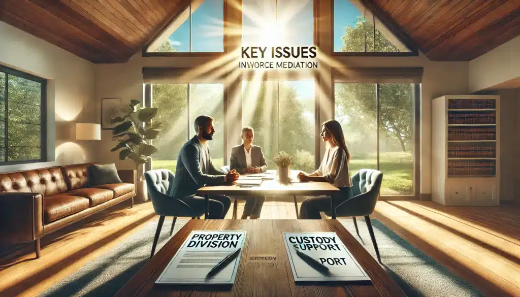 A wide-angle, photo-realistic cinematic image representing key issues addressed in divorce mediation. The scene takes place in a sunlit, inviting room with summer vibes, where a man and woman sit at a large table with a neutral mediator guiding the discussion. The table has documents, a notepad, and a pen, symbolizing the key issues being discussed such as property division, custody, and support. Sunlight pours through large windows, with a view of lush greenery outside, emphasizing a calm, productive atmosphere for tackling important matters in Texas divorce mediation.