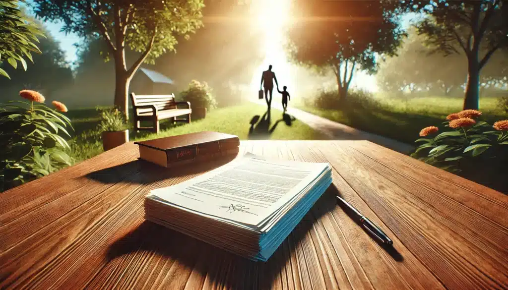 A photo-realistic, wide-angle, cinematic image with summer vibes capturing a visual metaphor for the concept of signing away parental rights to end child support obligations. The image shows a large stack of legal documents on a wooden table outdoors, with a pen lying next to them. In the background, you can see a blurred silhouette of a parent walking away from a child, symbolizing the severing of parental ties. The scene is set in a peaceful park during a bright summer day, with green trees and sunlight filtering through the leaves, casting soft, warm light on the papers and table. The atmosphere reflects both serenity and a sense of finality.