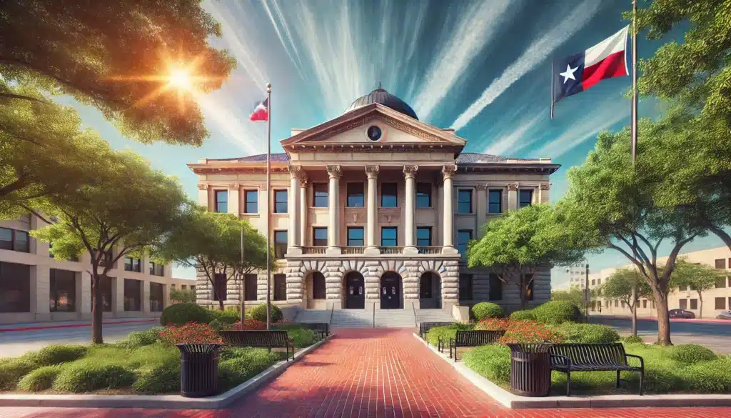 A wide-angle, photo-realistic, cinematic image of a Texas court building representing the legal process of determining parenting time. The scene captures summer vibes with clear skies, bright sunlight, and lush greenery around the building. The court building features classic architecture with a prominent entrance, columns, and the Texas state flag flying nearby. The setting should evoke a sense of justice and formality while being inviting and serene.