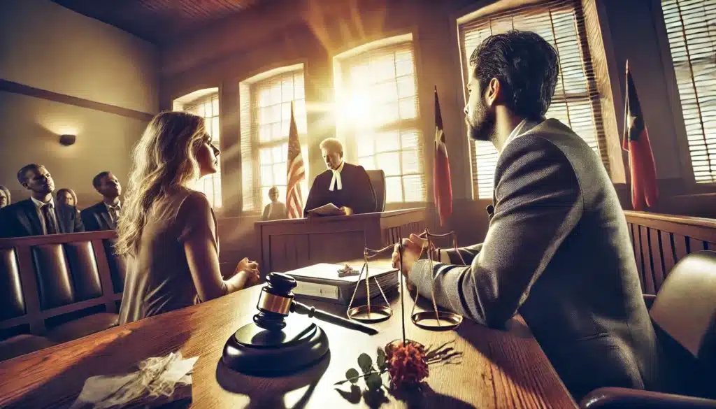 A wide-angle, photo-realistic cinematic image with summer vibes, depicting a tense courtroom scene in Texas. A judge listens as an attorney presents evidence of adultery in a fault-based divorce case. The unfaithful spouse looks down in regret, while the other spouse appears determined. Sunlight filters through the courtroom windows, casting a dramatic glow over the scene.