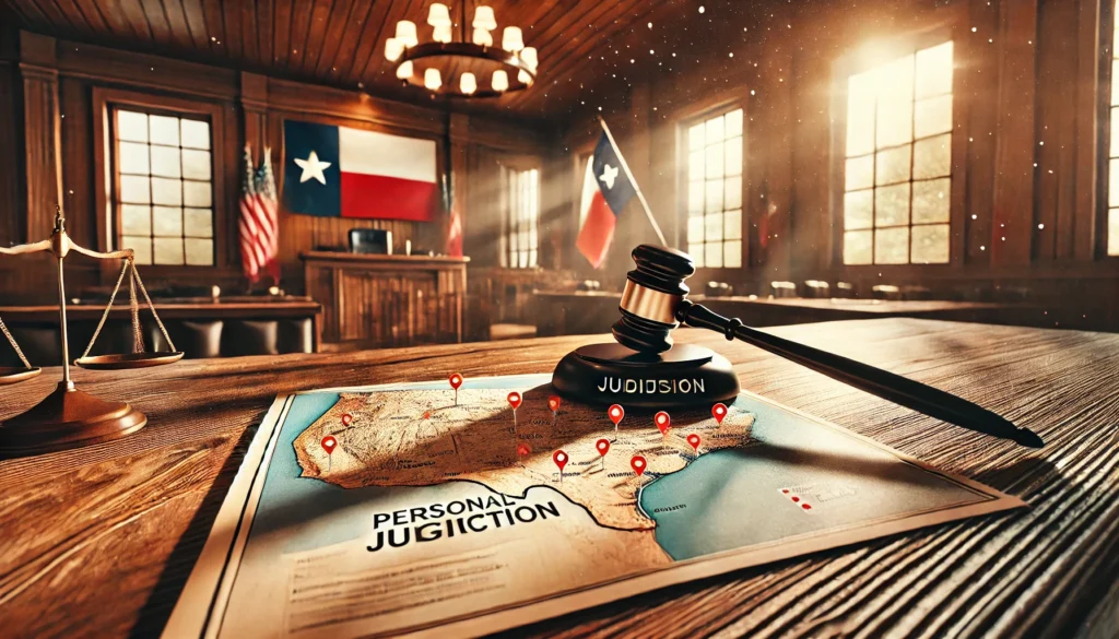 A cinematic, photo-realistic wide-angle image with summer vibes. The scene illustrates the concept of personal jurisdiction in a legal context. A judge's gavel rests on a wooden table with legal documents titled 'Jurisdiction' scattered nearby. A map of Texas is prominently displayed, marked with red pins indicating various cities. In the background, a sunlit courtroom with warm wooden tones and American and Texas state flags creates a serious yet inviting atmosphere, symbolizing the complexity of personal jurisdiction in Texas divorce cases.