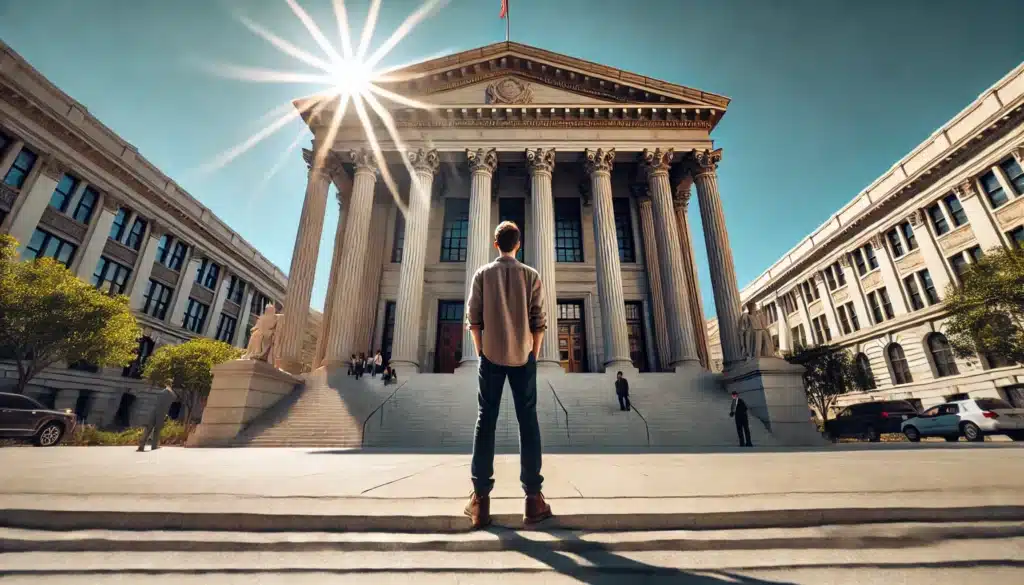 Wide-angle, photo-realistic, cinematic image with summer vibes depicting a courthouse exterior, focusing on the theme of common pitfalls to avoid during testimony concerning a child’s safety. The scene shows a person standing on the courthouse steps, looking thoughtful and composed, symbolizing careful consideration before testimony. The courthouse has classic pillars and steps, and the bright summer sun adds warmth to the atmosphere. In the background, a few people are visible, creating a sense of calm and seriousness around the legal process. Clear blue skies enhance the summer ambiance. No text, camera equipment, or additional props.