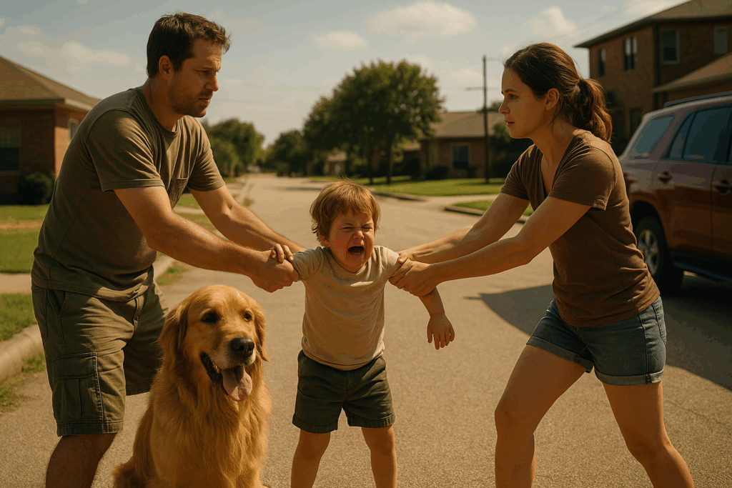 Father and mother sharing custody of crying child and golden retriever on a suburban Texas street during a summer custody exchange.