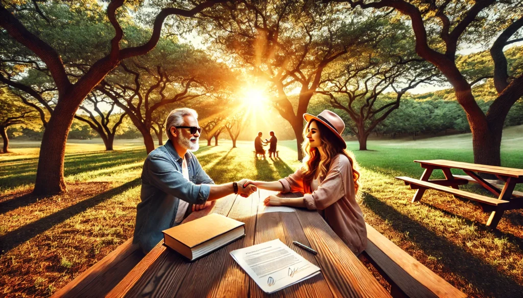 A wide-angle, photo-realistic, cinematic summer scene representing the process of an uncontested divorce. The image features a peaceful outdoor setting with a couple sitting at a wooden picnic table in a Texas park, both smiling and shaking hands as they sign divorce papers — symbolizing mutual agreement. The warm summer sun bathes the scene in golden light, with lush green trees and a calm atmosphere reinforcing themes of resolution and closure. The mood should feel positive, calm, and hopeful, highlighting the amicable nature of an uncontested divorce.