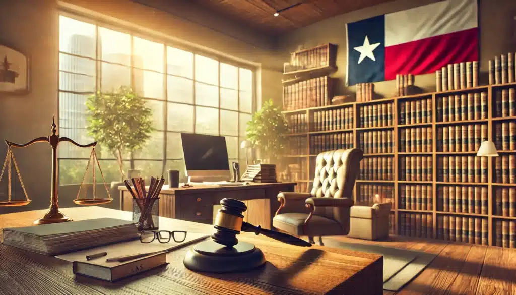 A wide angle, photo-realistic, cinematic image with summer vibes. The scene shows a professional law office, warm natural light filtering through the windows, creating a relaxed yet focused atmosphere. On the desk, there are legal documents, a computer, and a gavel, symbolizing the role of an alimony attorney in family law cases in Texas. The background features bookshelves filled with legal books and a subtle Texas flag, adding a local touch. The image conveys the professionalism, expertise, and dedication of an alimony attorney in navigating family law matters.