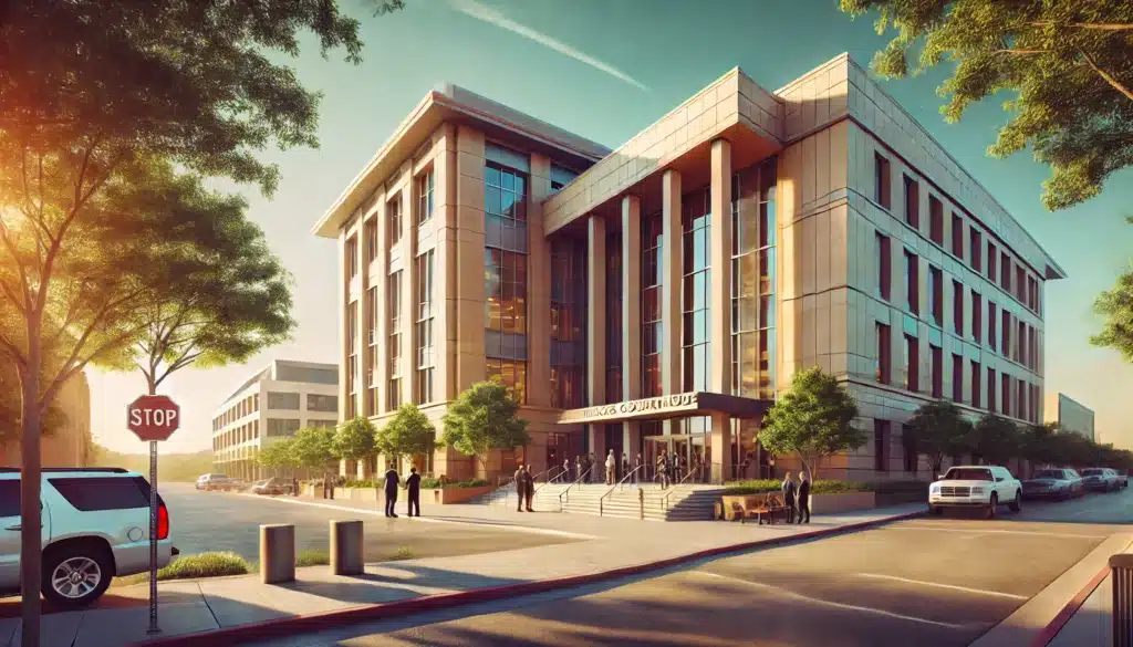 A wide-angle, photo-realistic, cinematic image of a modern Texas courthouse on a warm summer day. The scene has a calm and serious atmosphere, with sunlight casting long shadows and highlighting the building's architecture. A few people are gathered near the entrance, representing family law cases and hearings. The surroundings have lush green trees and a clear blue sky, adding to the warm, summer vibe. The image should evoke stability and the importance of legal processes.