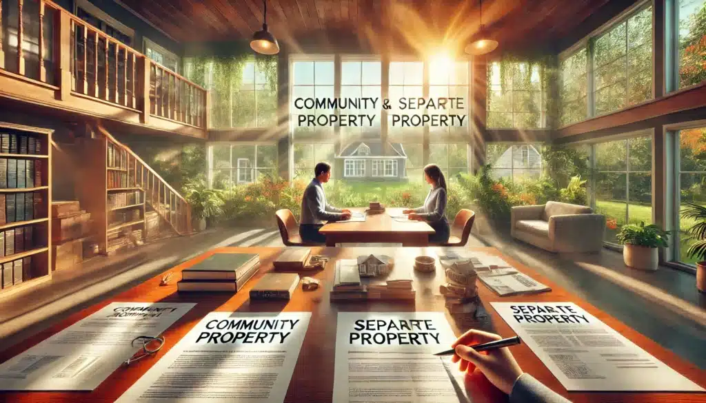 A wide-angle, photo-realistic, cinematic summer illustration showing the steps to identify and divide community and separate property in a Texas divorce. The image depicts two figures reviewing documents and assets such as real estate, financial accounts, and personal items. Some assets are labeled as 'community property' and others as 'separate property.' Sunlight streams through large windows, creating a warm, serene summer atmosphere with greenery outside, enhancing the sense of calm while illustrating the division process in a balanced and fair manner.