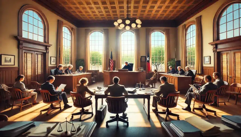 A cinematic, wide-angle, photo-realistic image depicting a courtroom scene during a contested divorce in Texas on a sunny summer day. A judge is seated at the bench, with attorneys and clients discussing legal documents at their tables. The room has subtle Texan architectural elements, with warm sunlight streaming through large windows. Outside the windows, hints of green trees and a clear blue sky enhance the summer vibe. The image captures the seriousness of the legal process while maintaining a cinematic and professional atmosphere.