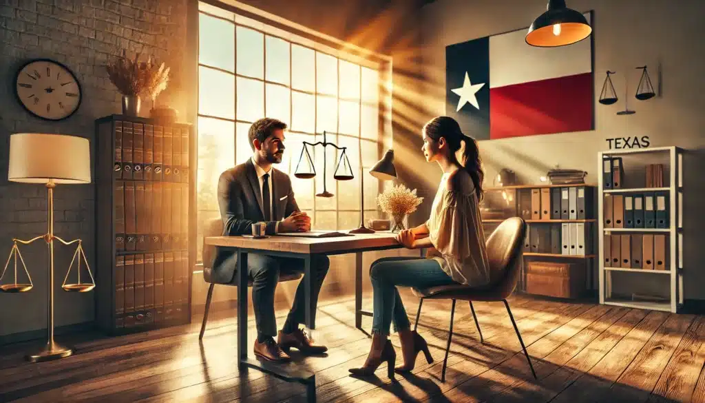 A cinematic, wide-angle, photo-realistic image of an attorney and a client sitting in a bright, modern office with large windows, sunlight streaming in, and a Texas summer vibe. The attorney is professionally dressed, attentively discussing parenting time options, while the client listens intently, holding a notepad. The background includes subtle Texan elements like a small Texas flag on the desk and warm decor, creating an inviting and supportive atmosphere.