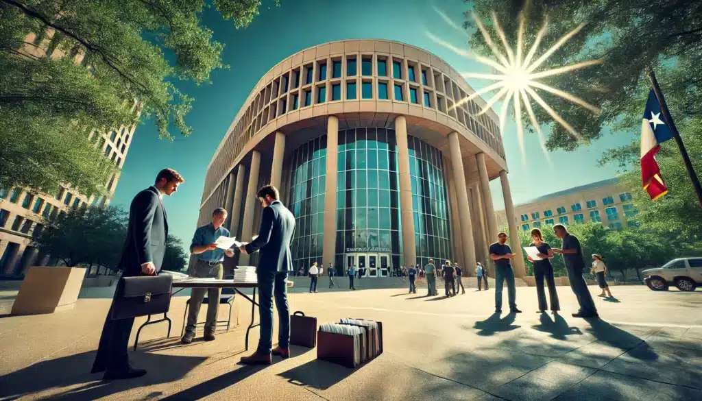 A wide-angle, photo-realistic, cinematic image showing people preparing outside a Texas courthouse on a bright summer day. In the foreground, a lawyer discusses documents with clients, representing preparation for a temporary orders hearing in Texas. The courthouse has large glass doors and columns, creating a formal and important atmosphere. Sunlight highlights the scene with lush green trees and a clear sky in the background, adding to the summer vibe. Other people are visible in the background, adding a sense of activity and anticipation.