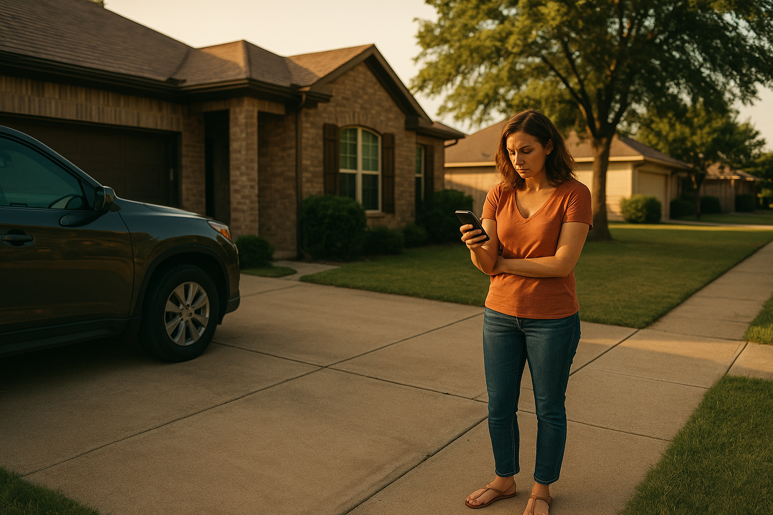A woman stands alone on her driveway at sunset, looking at her phone with concern, representing a missed custody exchange.