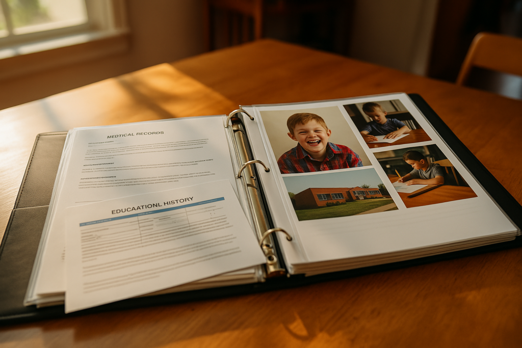 Evidence and supporting documents in a family law binder for a custody case.