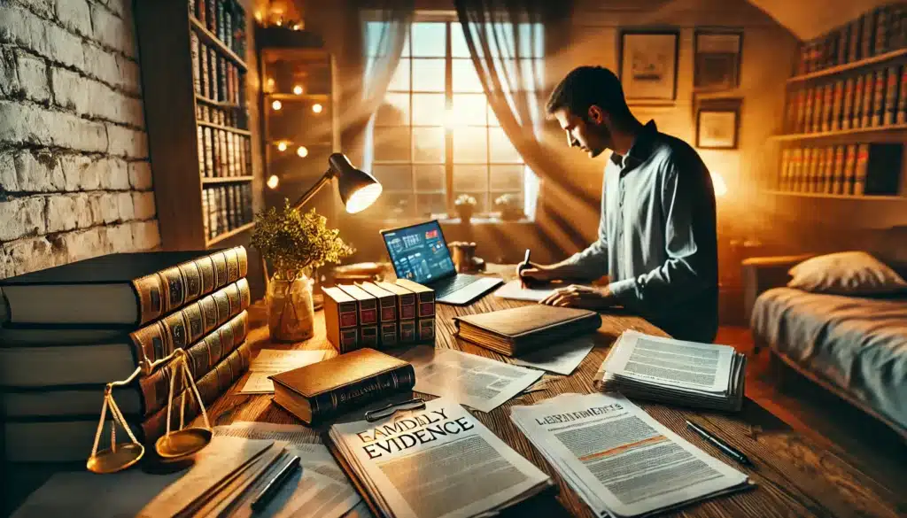 A photo-realistic, cinematic wide-angle image of a person preparing evidence for a family law case in a cozy, warm setting. The scene is a well-lit room with a summer evening vibe, showing organized stacks of documents, a laptop, notes, and highlighted legal documents spread out on a table. The atmosphere feels focused yet calm, with soft natural light filtering through a window, giving a sense of quiet determination and readiness. The image should capture the warmth and professionalism of preparing for an important family law case.