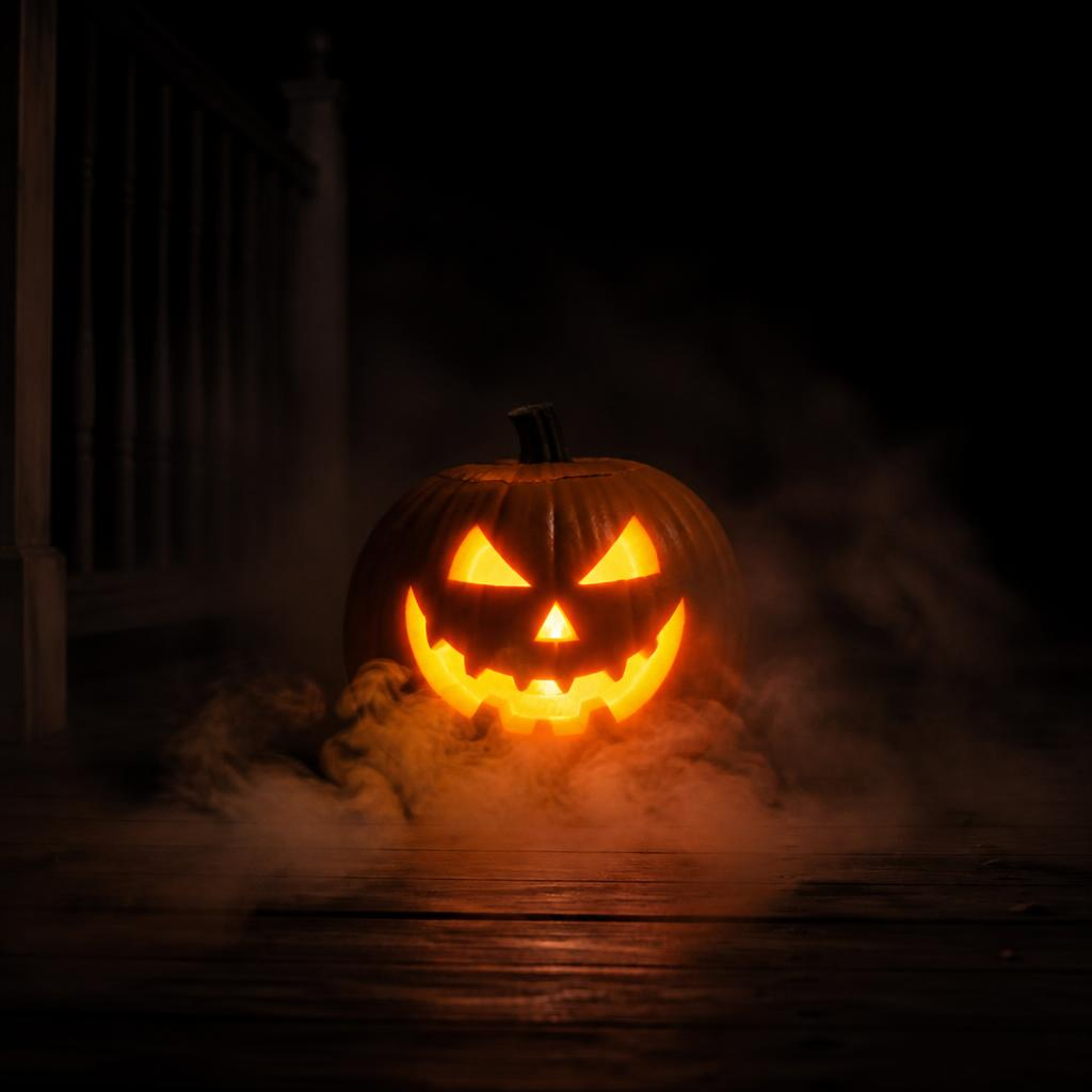 A brightly lit jack-o'-lantern with carved triangular eyes and a jagged smile sits on a dark wooden floor, enveloped in swirling mist and dark, atmospheric lighting.