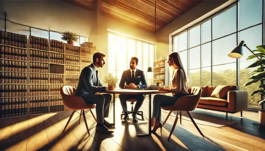 A cinematic, wide-angle, photo-realistic image capturing the essence of summer vibes. An adoption attorney consulting with prospective adoptive parents in a bright, welcoming office. The attorney, a professional in a suit, sits across from a hopeful couple, reviewing legal documents together. Warm sunlight streams through large windows, casting a golden glow on the modern office space. The couple looks engaged and hopeful, symbolizing the beginning of their adoption journey. A bookshelf filled with law books and family photos adds a personal touch to the setting, creating a professional yet inviting atmosphere.