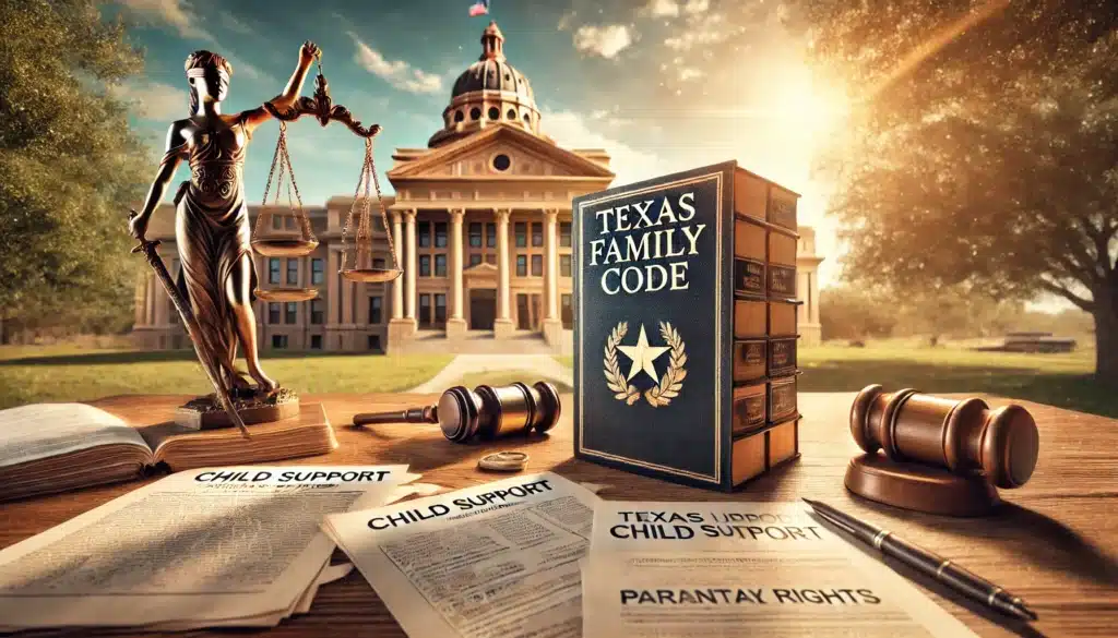A wide-angle, photo-realistic, cinematic image with summer vibes, illustrating the Texas Family Code and its connection to child support and parental rights. The image showcases a legal book labeled 'Texas Family Code' on a wooden desk, with scales of justice, legal documents, and child support forms surrounding it. The setting is under warm sunlight with a Texas courthouse subtly in the background. The summer ambiance adds an optimistic touch, symbolizing clarity and resolution in navigating child support and parental rights through the Texas legal system.