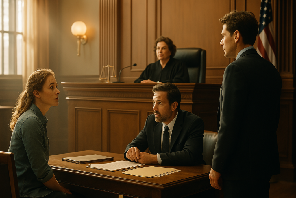 A courtroom scene illustrating defenses against custody interference charges in Texas.
