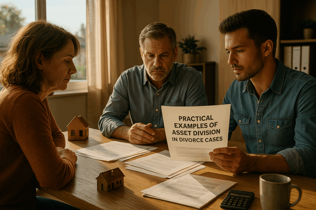 Three people sit around a sunlit wooden table in a warm, modern office, engaged in a focused discussion. One man holds a document labeled “PRACTICAL EXAMPLES OF ASSET DIVISION IN DIVORCE CASES,” while the others listen attentively. Legal papers, a calculator, and small wooden house models are scattered across the table, symbolizing the division of property. The photo-realistic, cinematic image captures the keyphrase visually, illustrating practical examples of asset division in divorce cases with clarity and a professional, summer-lit atmosphere.