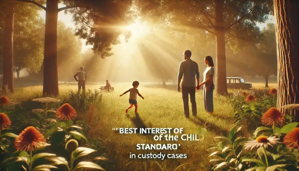 A wide-angle, photo-realistic, cinematic image with summer vibes representing the 'Best Interest of the Child Standard' in custody cases, focusing on child welfare. The image shows a peaceful outdoor summer scene with a child playing in a bright, open field, surrounded by nature and greenery. Two parents stand nearby, watching the child with care and support, symbolizing their collaborative focus on the child's well-being. Warm sunlight filters through trees, creating a serene, safe, and warm atmosphere, reflecting the emphasis on the child's welfare. The scene captures harmony and positivity.