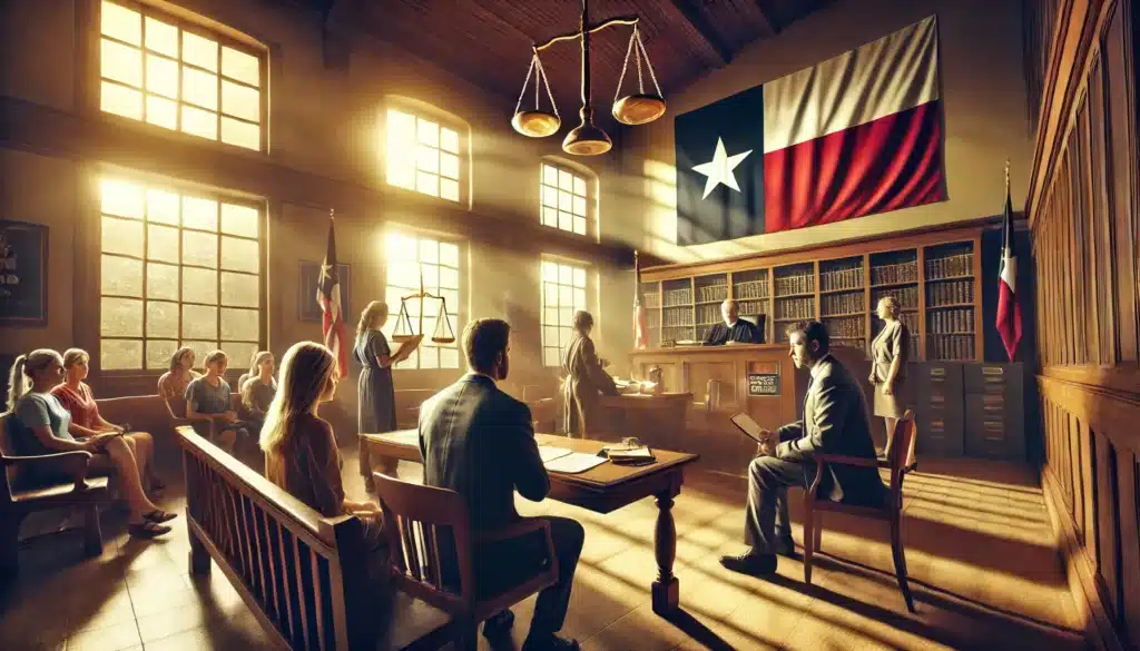 A wide-angle, photo-realistic cinematic image illustrating factors influencing custody decisions in Texas. The scene shows a courtroom with a judge reviewing custody case documents, while two parents sit on opposite sides of the room, looking concerned. A lawyer stands near the bench, presenting evidence. The Texas flag and the scales of justice are prominently displayed in the background. Sunlight streams through the large courtroom windows, casting a warm summer glow over the scene. The atmosphere reflects the seriousness and emotional weight of custody decisions in Texas.