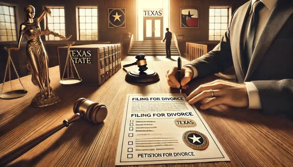 A cinematic, photo-realistic wide-angle image visually representing the basic steps of filing for divorce in Texas. The scene features a long wooden desk with neatly arranged legal documents, a Texas state seal, a judge's gavel, and a checklist of divorce steps. A person’s hands are seen signing a petition for divorce, while a courthouse is visible through a sunlit window in the background. The warm summer atmosphere, soft natural lighting, and detailed textures create an inviting yet serious tone, emphasizing the legal process.