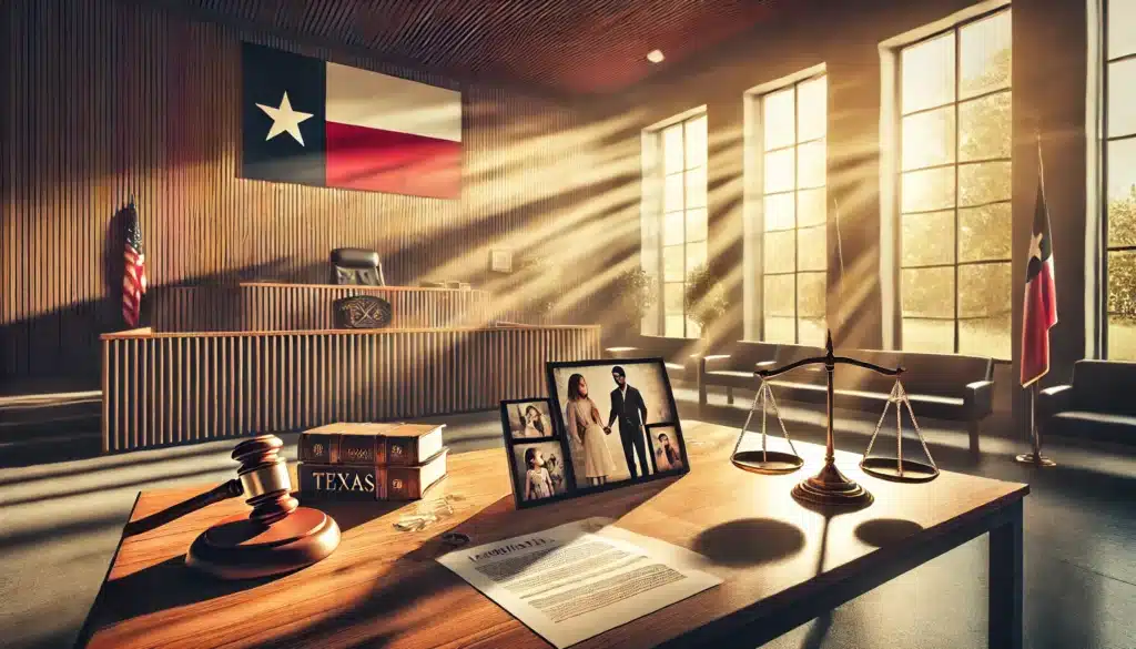 A photo-realistic, cinematic wide-angle image depicting a symbolic representation of child custody decisions in Texas. The scene shows a modern courtroom with a judge’s bench in the background, sunlight streaming through large windows, casting warm summer tones. A table in the foreground displays family photographs, legal documents, and a pair of scales symbolizing justice. To the side, a Texas flag stands prominently. The atmosphere is professional yet approachable, embodying the seriousness and human aspect of custody decisions.