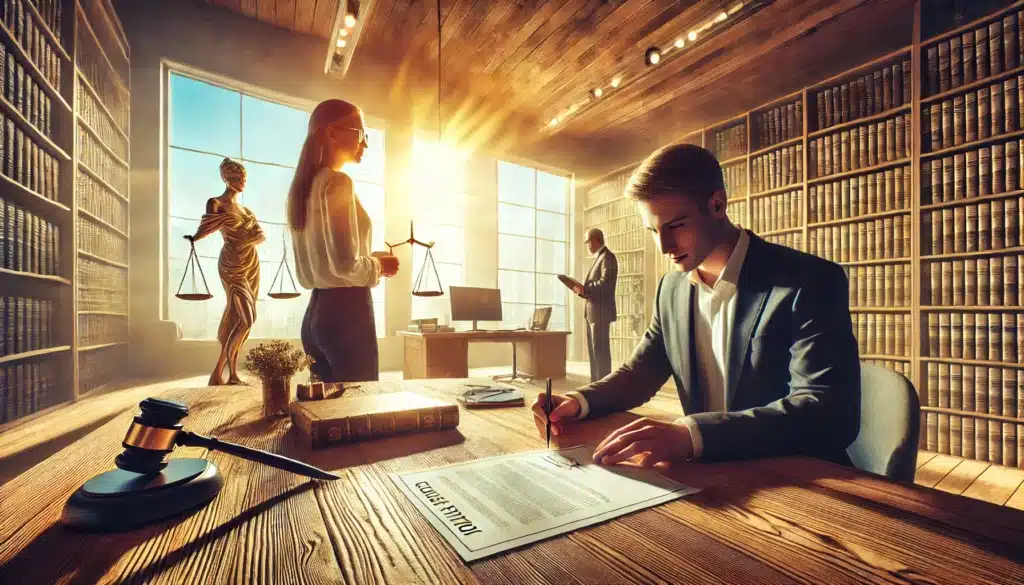 A wide-angle, photo-realistic, cinematic image with summer vibes, visually representing the strategic benefits of filing a counter-petition in a divorce case. The scene shows a modern law office with a confident individual signing legal documents (representing a counter-petition) while their lawyer stands beside them, offering guidance. The background shows large windows letting in warm summer sunlight, giving the image a vibrant, uplifting atmosphere. In the distance, symbolic elements such as a legal scale and bookshelves highlight the legal context. The scene evokes a sense of empowerment and strategy.