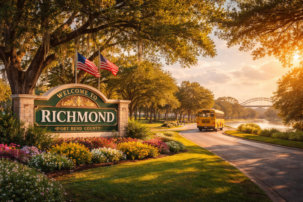 Moving to Richmond Texas family relocation scene with school bus and neighborhood homes during summer