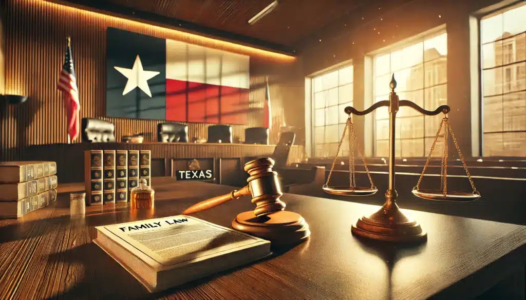A cinematic, wide-angle, photo-realistic image capturing the essence of Texas family law. The image depicts a courtroom in a warm summer light, with elements symbolizing family law complexities, such as legal documents, a gavel, and scales of justice on a polished wooden desk. In the background, there are subtle hints of Texas, like a state flag and courthouse architecture with modern elements. The scene has a serene, thoughtful atmosphere with summer vibes, blending law and the cultural landscape of Texas.