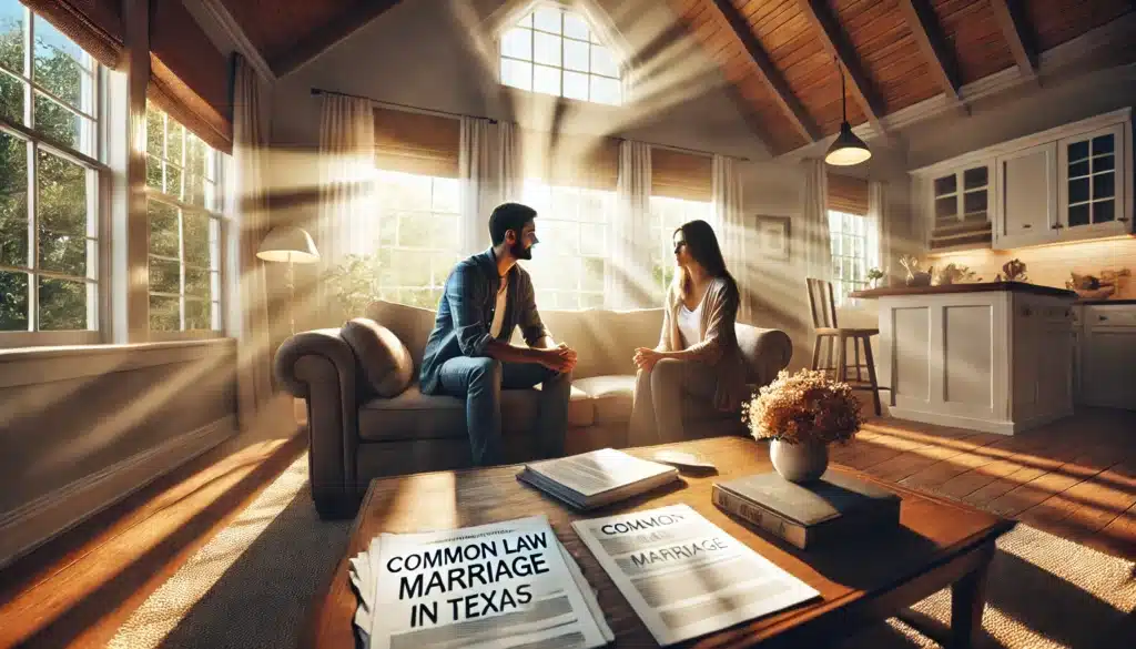 A wide-angle, photo-realistic, cinematic summer scene depicting a couple sitting in a cozy, sunlit living room, having a conversation about the legal implications of common law marriage in Texas. They appear focused and engaged, with papers or legal documents on the coffee table in front of them, suggesting a serious discussion. The room has a warm, inviting atmosphere, with soft sunlight streaming through large windows. The image evokes the theme of legal matters, love, and the importance of understanding common law marriage in Texas.