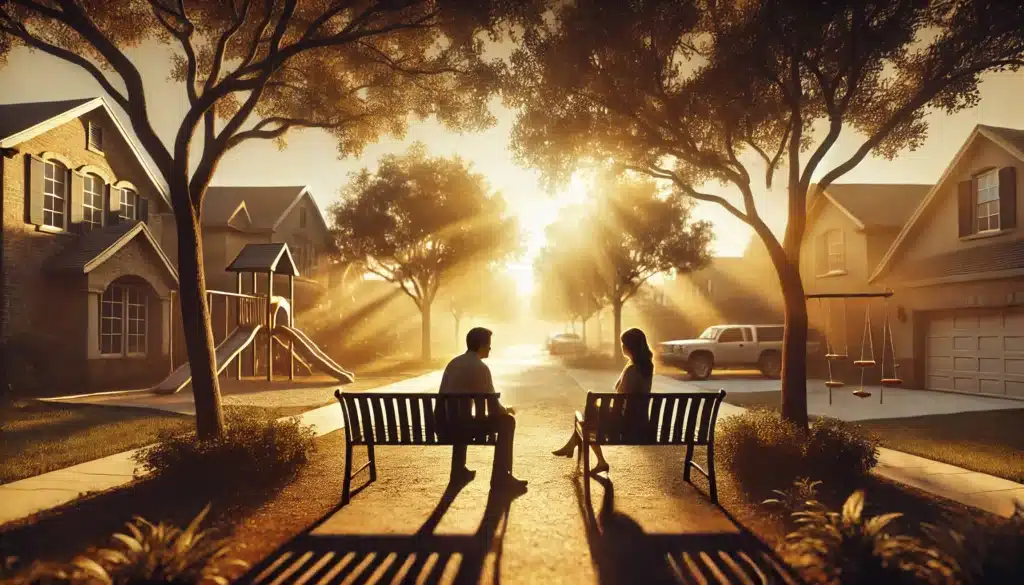 A cinematic, wide-angle, photo-realistic image capturing a Texas summer scene, evoking the theme of 'understanding temporary orders mediation in Texas divorce.' Show a peaceful suburban neighborhood setting under warm, late afternoon sunlight, with a couple sitting on opposite sides of a park bench, each looking thoughtful but calm, symbolizing negotiation and contemplation. Nearby, a playground and a family home are visible in soft focus, suggesting stability and family concerns. Golden light filters through trees, casting soft shadows, adding a serene, reflective quality to the scene.