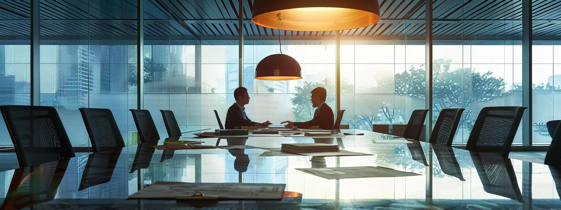 a sleek, modern office conference room features a polished table strewn with divorce papers and asset division charts, illuminated by crisp overhead lighting that highlights the tension in the air as a couple sits across from each other, engaged in a serious discussion about their financial future.