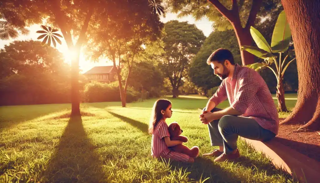 A photo-realistic, cinematic wide-angle image with summer vibes, depicting a parent and child interaction affected by child custody issues related to adultery. The scene shows the parent kneeling to talk with the child on a sunny day in a park. The child looks concerned, holding a stuffed animal, while the parent appears reassuring. Sunlight filters through the trees, casting a warm glow, and the park features lush green grass and a clear blue sky, creating a reflective yet hopeful atmosphere.