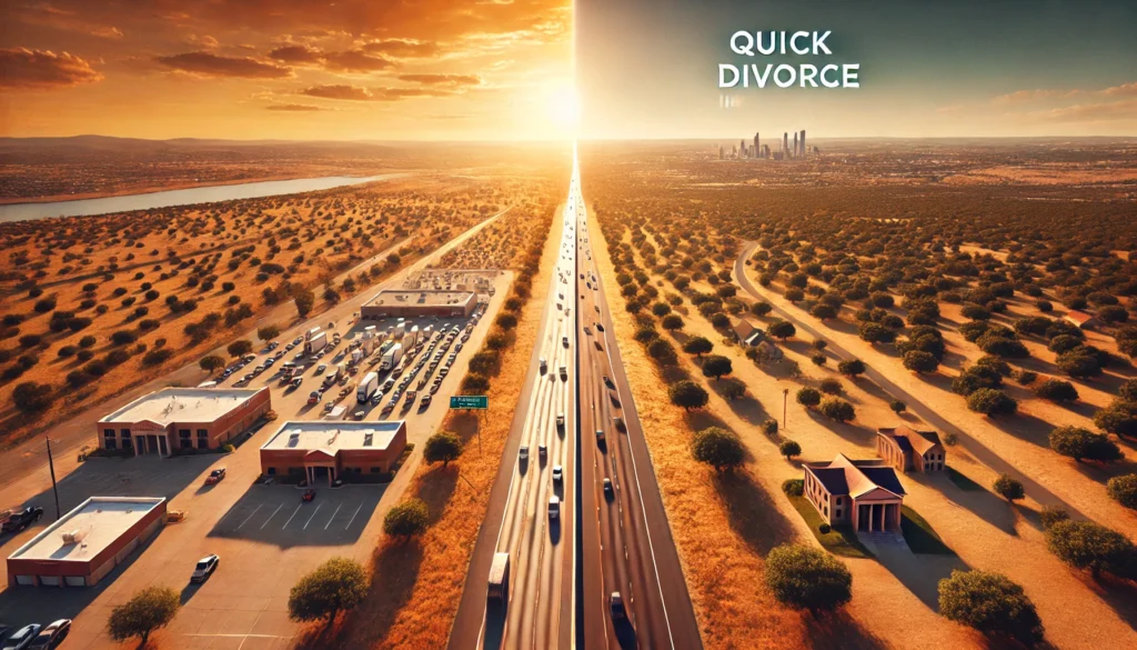 A wide-angle, photo-realistic, cinematic summer scene representing an overview of quick divorce in Texas. The image features a symbolic visual: a split highway with one side showing a long traffic jam (representing delays in divorce) and the other side showing a smooth, clear road leading to a peaceful Texas town (symbolizing a fast and successful divorce process). The warm summer sun casts a golden hue, with clear blue skies, dry Texas landscapes, and a distant courthouse visible on the horizon. The image should convey a sense of hope, clarity, and progress.