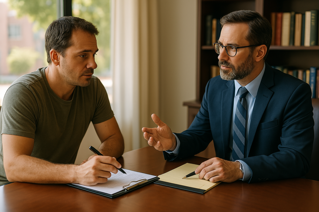 A father consulting with an experienced family law attorney about child custody.