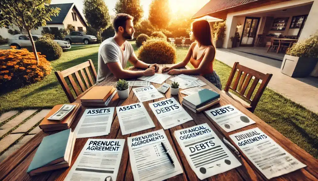 A photo-realistic, cinematic wide-angle image showcasing real-life examples of prenuptial agreements. The image has summer vibes and features a couple sitting outdoors at a large wooden table with various documents spread out in front of them, each labeled with different categories such as assets, debts, and financial obligations. The couple appears relaxed, engaged in discussion, representing real-world scenarios. The backdrop is a warm summer day, with soft sunlight filtering through trees, creating a peaceful and organized atmosphere, symbolizing practical applications of prenuptial agreements. what voids a prenup in Texas