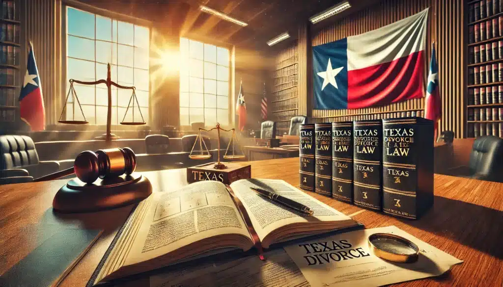 A wide-angle, photo-realistic, cinematic summer scene illustrating the key elements of Texas divorce law. The image features a courtroom with legal books and documents on Texas divorce law open on a large desk. The Texas flag and a gavel are visible, symbolizing law and justice. Sunlight pours in from large windows, casting a warm, summer glow on the scene. The atmosphere is serious yet approachable, with subtle details like a lone star and scales of justice in the background. The image represents key legal concepts such as community property, child custody, and spousal support.