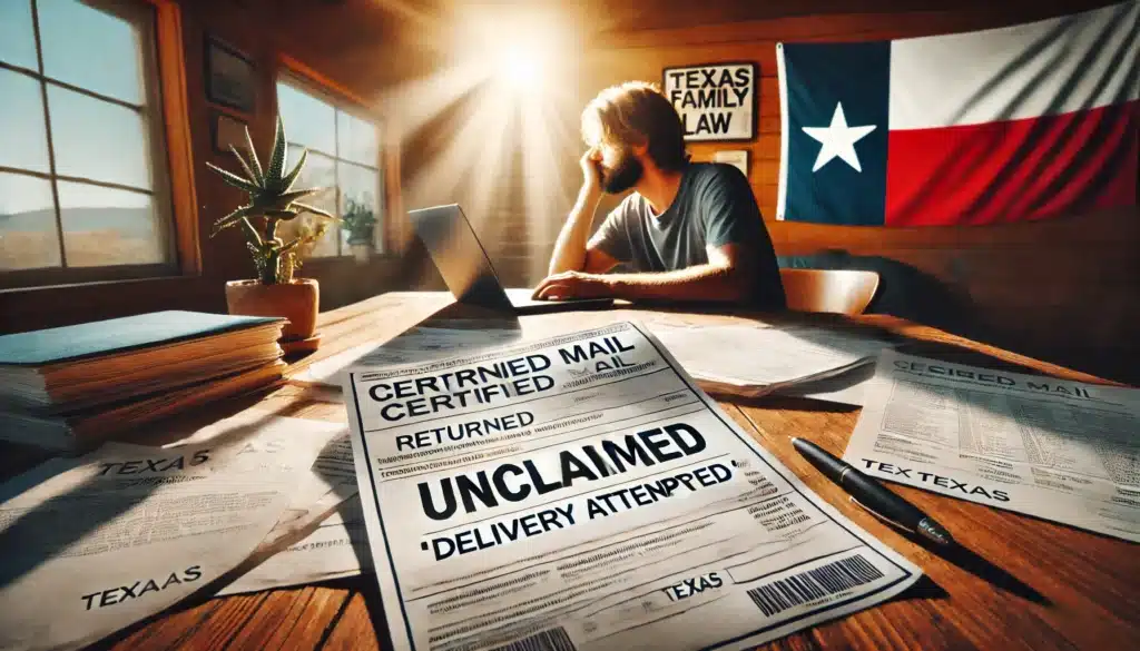 A cinematic, wide-angle, photo-realistic image with summer vibes. A frustrated person sits at a wooden desk, looking at a returned certified mail envelope stamped 'Unclaimed'. Legal documents related to Texas family law are spread across the desk, with a laptop open to a tracking website showing 'Delivery Attempted'. Sunlight streams through a nearby window, casting a warm glow on the scene. A Texas flag subtly appears in the background, emphasizing the legal context.