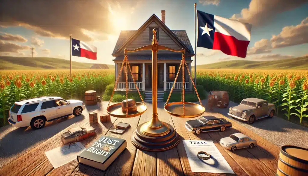 A wide-angle, photo-realistic, cinematic illustration of the concept of 'Just and Right Property Division' in Texas. The scene features a symbolic scale balancing assets like a house, car, and financial papers on one side, while on the other side are personal items like a ring, family photos, and a book. The Texas state flag subtly waves in the background, under bright summer skies, with warm sunlight casting natural light across the scene. The atmosphere captures the essence of fairness and division in a peaceful yet impactful way, with summer vibes and realistic details.