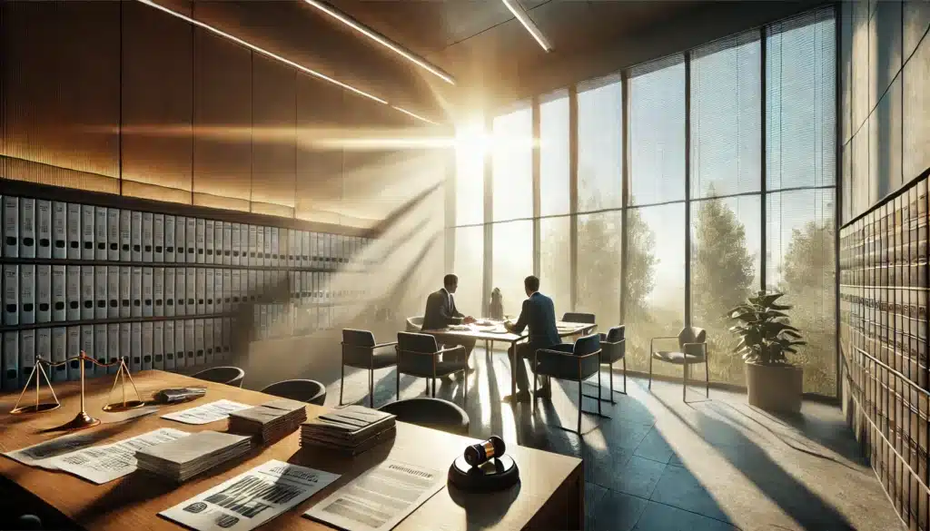 Wide-angle, photo-realistic, cinematic image showcasing potential outcomes and settlements after mediation fails in a divorce case. The scene captures a formal office setting with two individuals at a table, surrounded by legal documents and charts, symbolizing possible outcomes. Summer sunlight streams in through large windows, casting a warm glow over the room. The atmosphere is both tense and hopeful, with a sense of resolution in the air. The setting is minimalistic, emphasizing the transition from negotiation to formal settlement, with a peaceful outdoor summer landscape visible through the window.