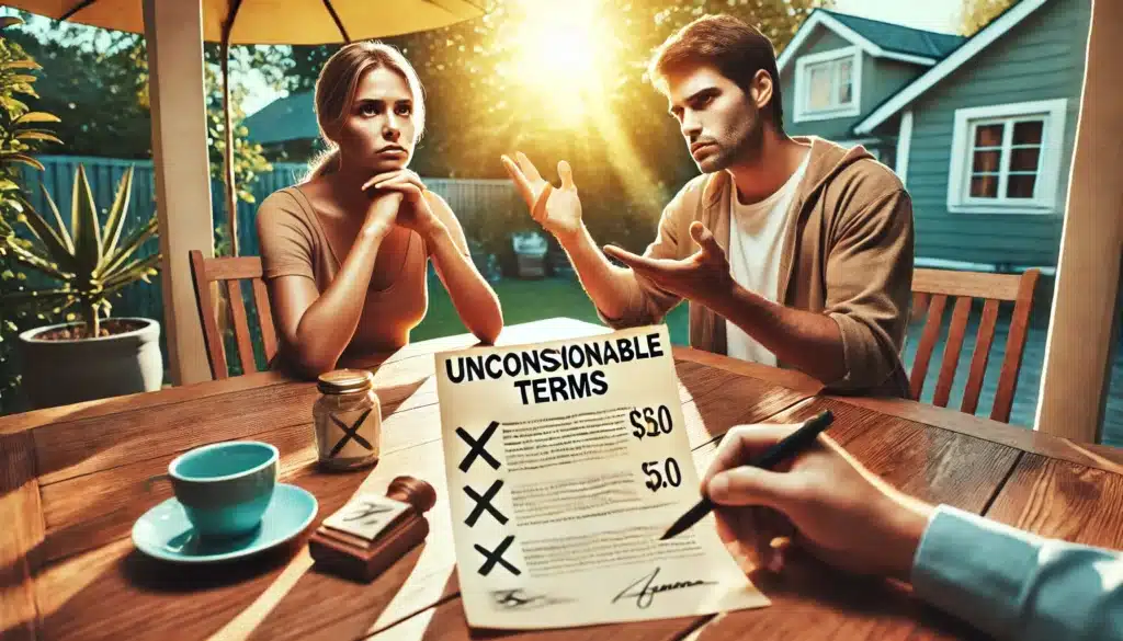 A photo-realistic, cinematic wide-angle image representing unconscionable terms in a prenuptial agreement. The image should have summer vibes, featuring a symbolic scene of a couple at an outdoor table with a prenuptial agreement in front of them. One person appears concerned or frustrated, while the other seems firm, emphasizing imbalance in the negotiation. The documents on the table include clear signs or symbols representing unfair or unreasonable terms. The background features a warm summer setting, with soft sunlight and natural surroundings, creating a contrast between the peaceful environment and the tense mood at the table.