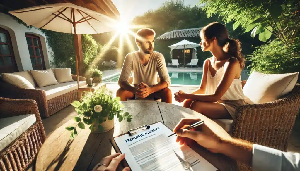 A wide-angle, photo-realistic, cinematic image with summer vibes, showing a couple in an outdoor setting having a thoughtful conversation. They sit at a sunlit table on a scenic patio surrounded by soft greenery, enjoying a relaxed moment. Documents resembling prenuptial agreements and a pen lie on the table, subtly emphasizing the topic of marriage planning. The setting feels warm, inviting, and sophisticated, capturing the importance of prenuptial agreements in a positive light.
