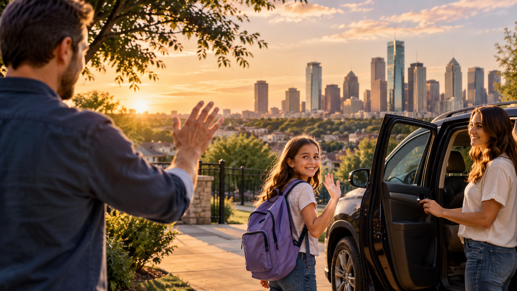 Father and daughter during a summer custody exchange in Texas