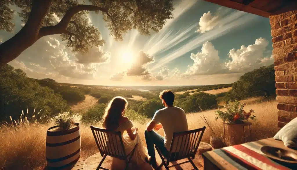 A wide-angle, photo-realistic, cinematic image with summer vibes, featuring a couple sitting outdoors in a Texas landscape as they discuss prenuptial agreements. The scene is bathed in warm, golden sunlight under a vast, open sky. The landscape captures the expansive, peaceful feel of Texas with hints of nature around, creating an atmosphere of thoughtfulness and contemplation. No text, cameras, or camera equipment visible.